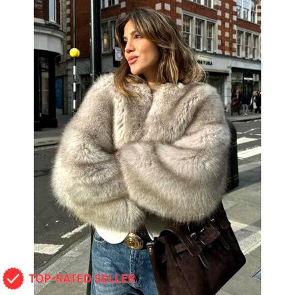Cropped Faux Fur Jacket Open Front Fluffy Winter Coat Women's Outerwear - Picture 2 of 7